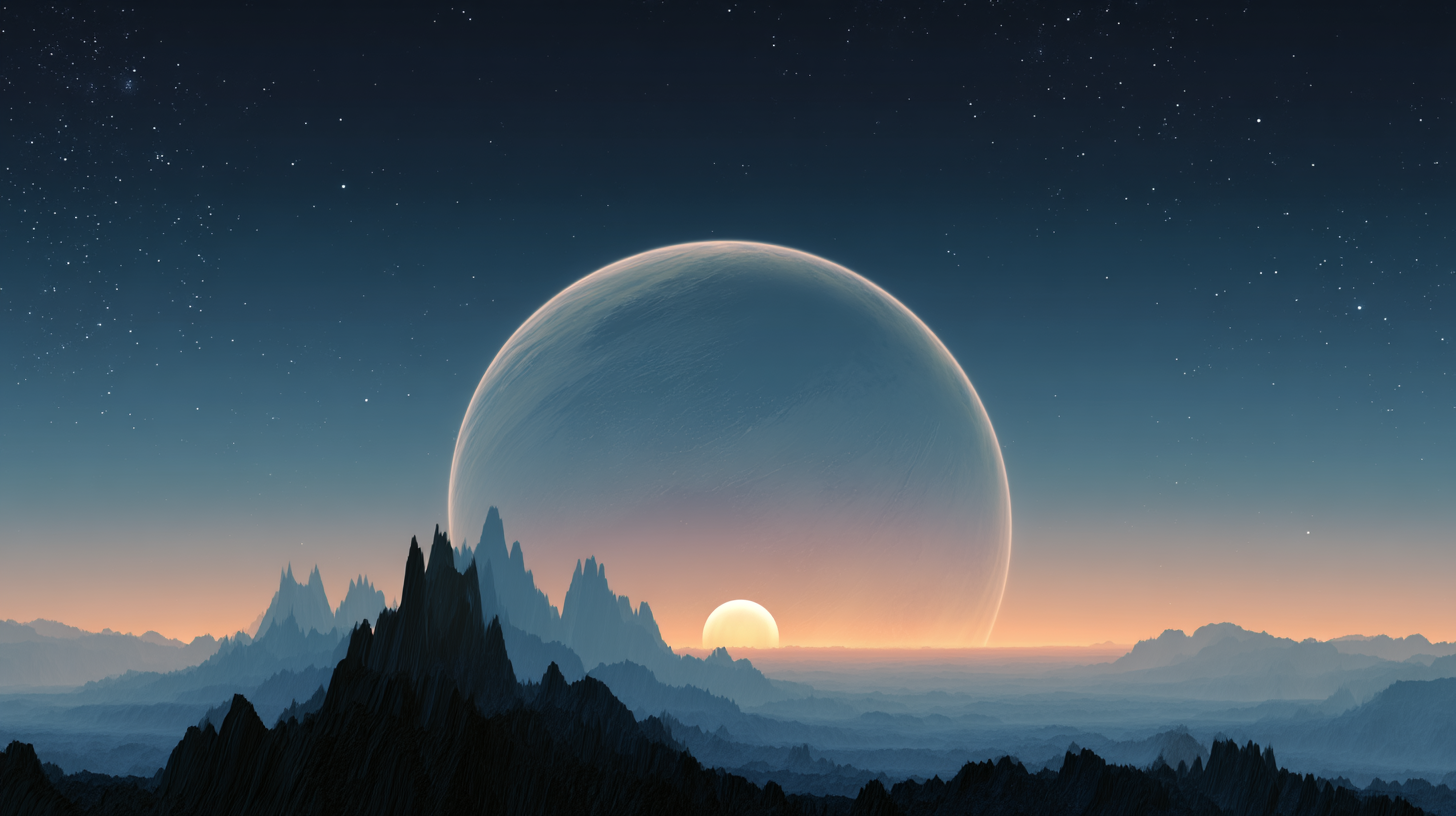 異星景觀上的昇月 III 壁紙 — 一個超現實的外星景觀，在巨大的圓頂行星下，鋸齒狀的山脈和夕陽映襯著星光燦爛的暮色天空。