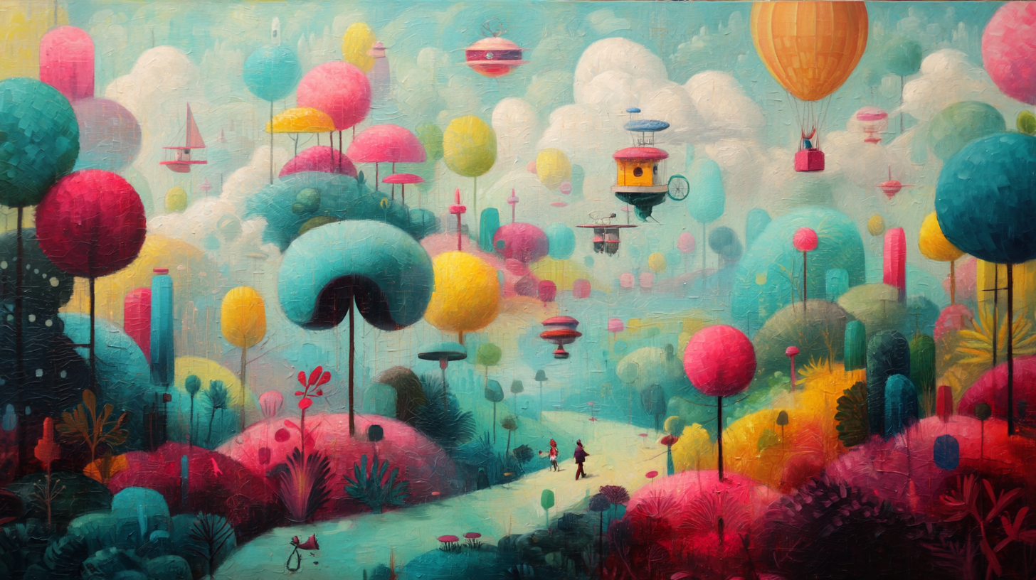 奇幻超現實背景 III 壁紙 — 一個奇幻的風景，有色彩繽紛的氣球狀樹木和漂浮的房屋，在陰天天空下。