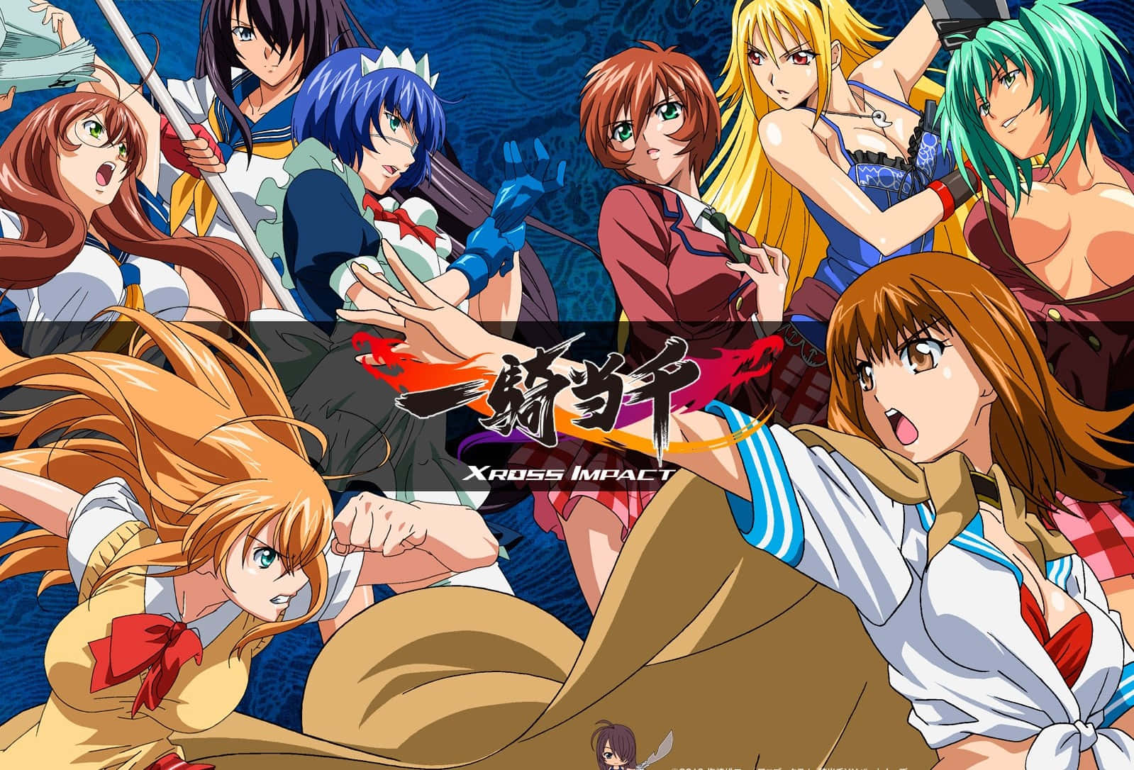 《Ikki Tousen》中的「炸彈雙人組」Ryuubi與Chouhi 壁紙 — 穿著校服的動感動畫女孩在深藍色紋理背景上戲劇性地碰撞。