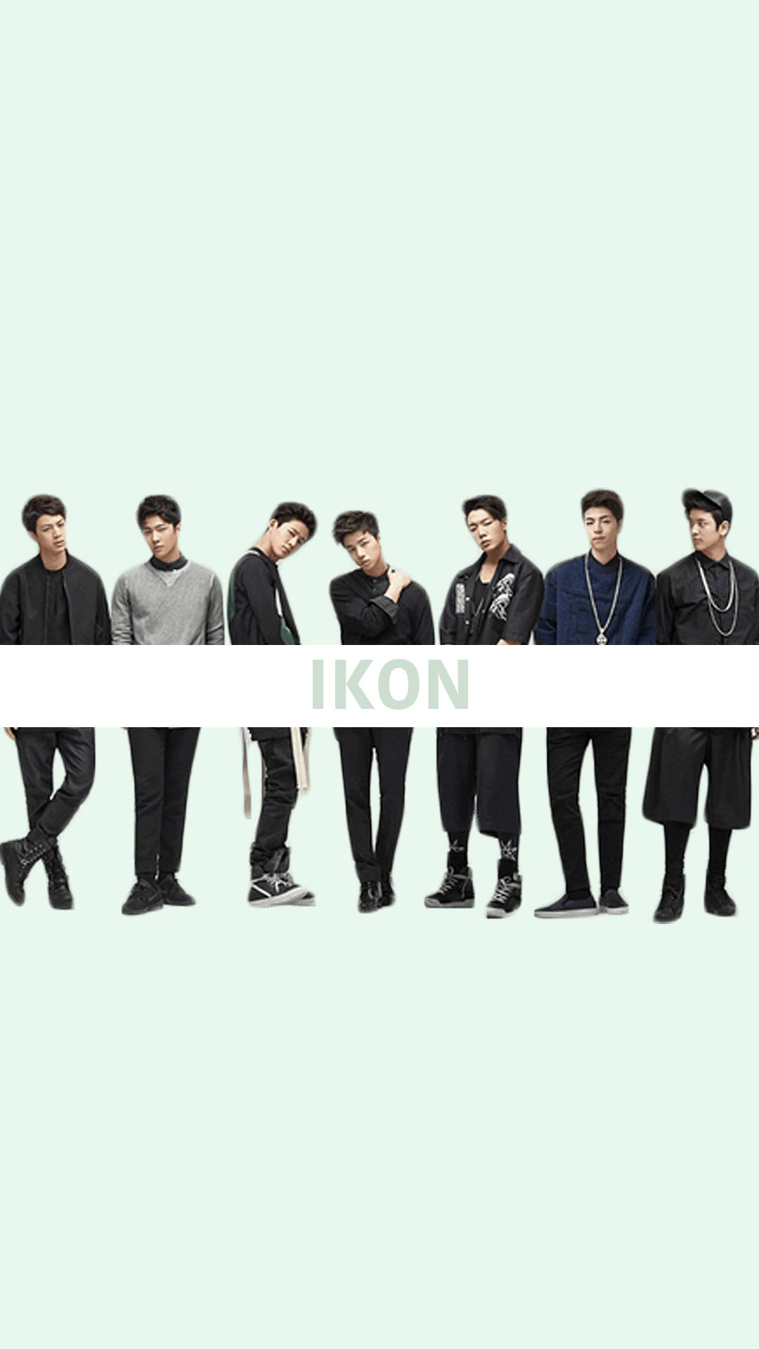 七位K-pop偶像身穿深色服裝，在薄荷綠色背景前擺姿勢，帶有'IKON'文字。
