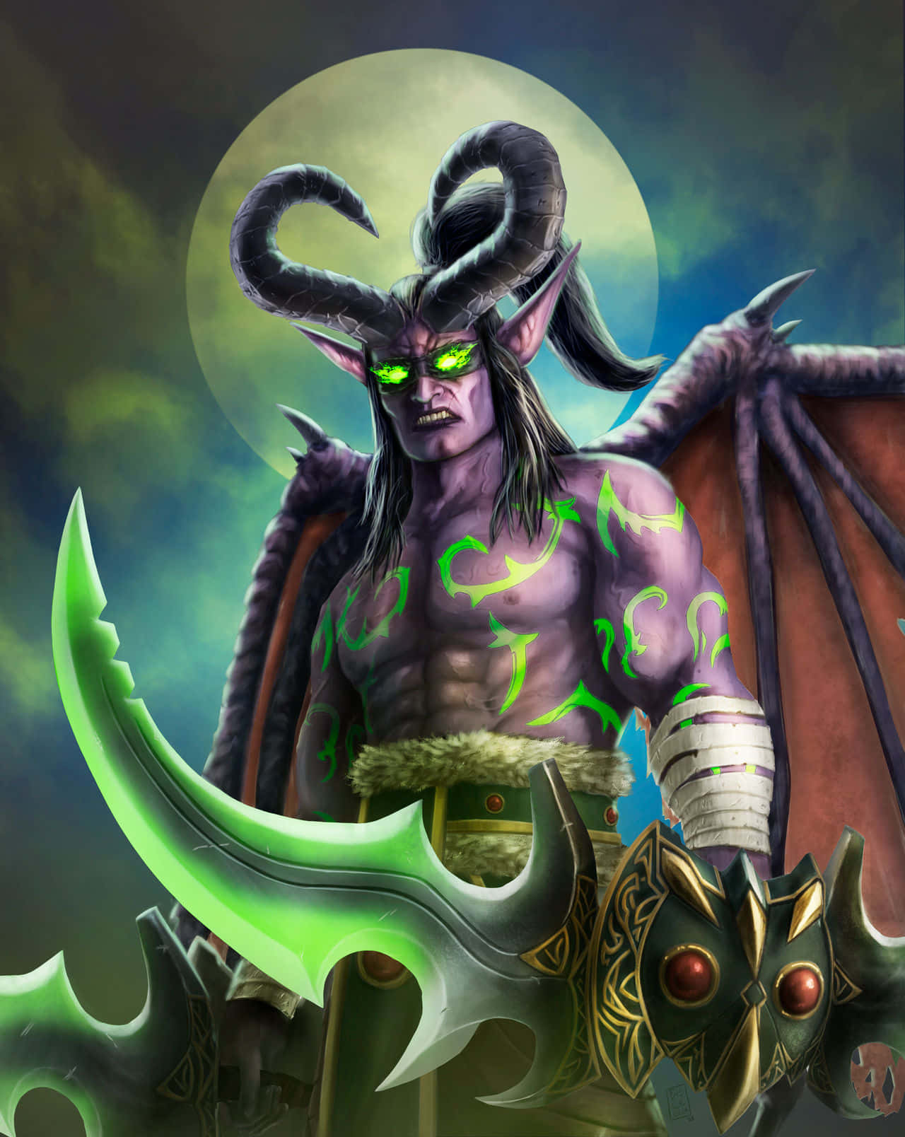 Illidan Stormrage 粉絲藝術作品 壁紙 — 一個帶有發光綠色眼睛和角的威脅性紫色惡魔，在滿月下揮舞著一把鋸齒狀的綠色刀刃。