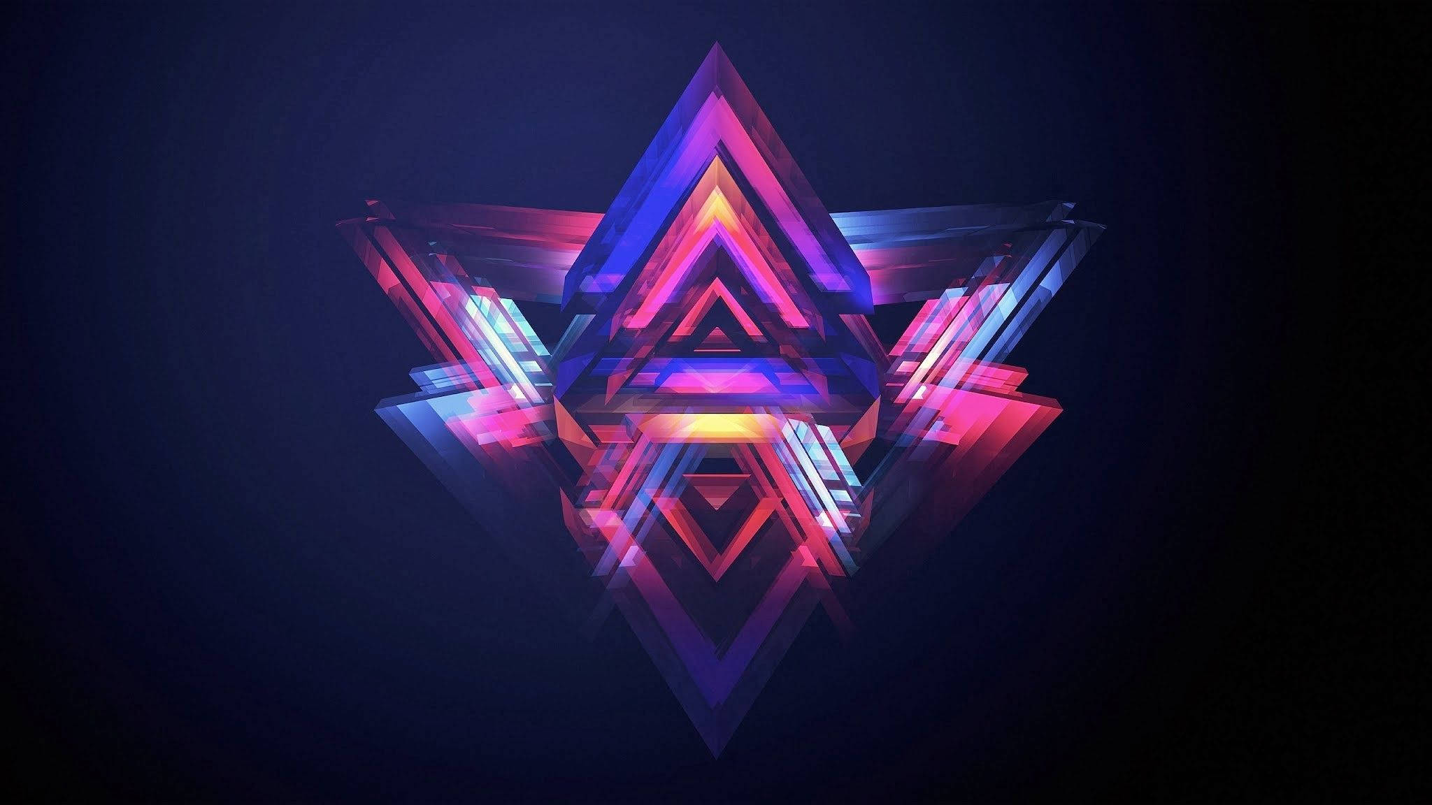 Illuminati 藍粉霓虹符號 壁紙 — 一個發光的霓虹幾何星星，帶有層疊的三角形切面，在深色背景上散發出充滿活力的粉紅色、紫色和藍色色調。