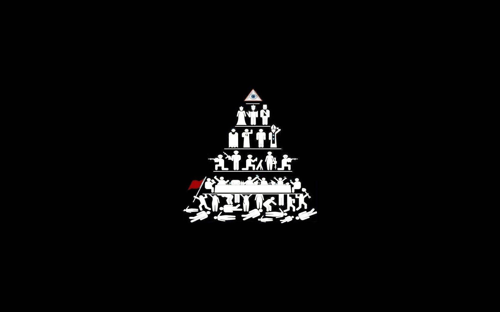 黑色背景上，頂端有全視之眼符號的白色人形金字塔。