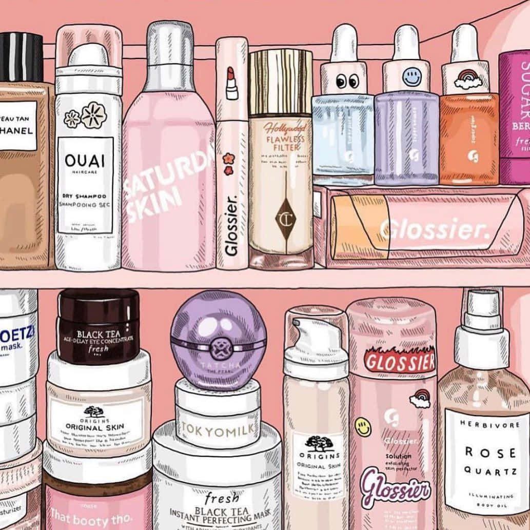  壁紙 — 插圖層架展示色彩繽紛的美容產品，瓶子上有俏皮的卡通臉孔，背景為柔和的粉紅色。