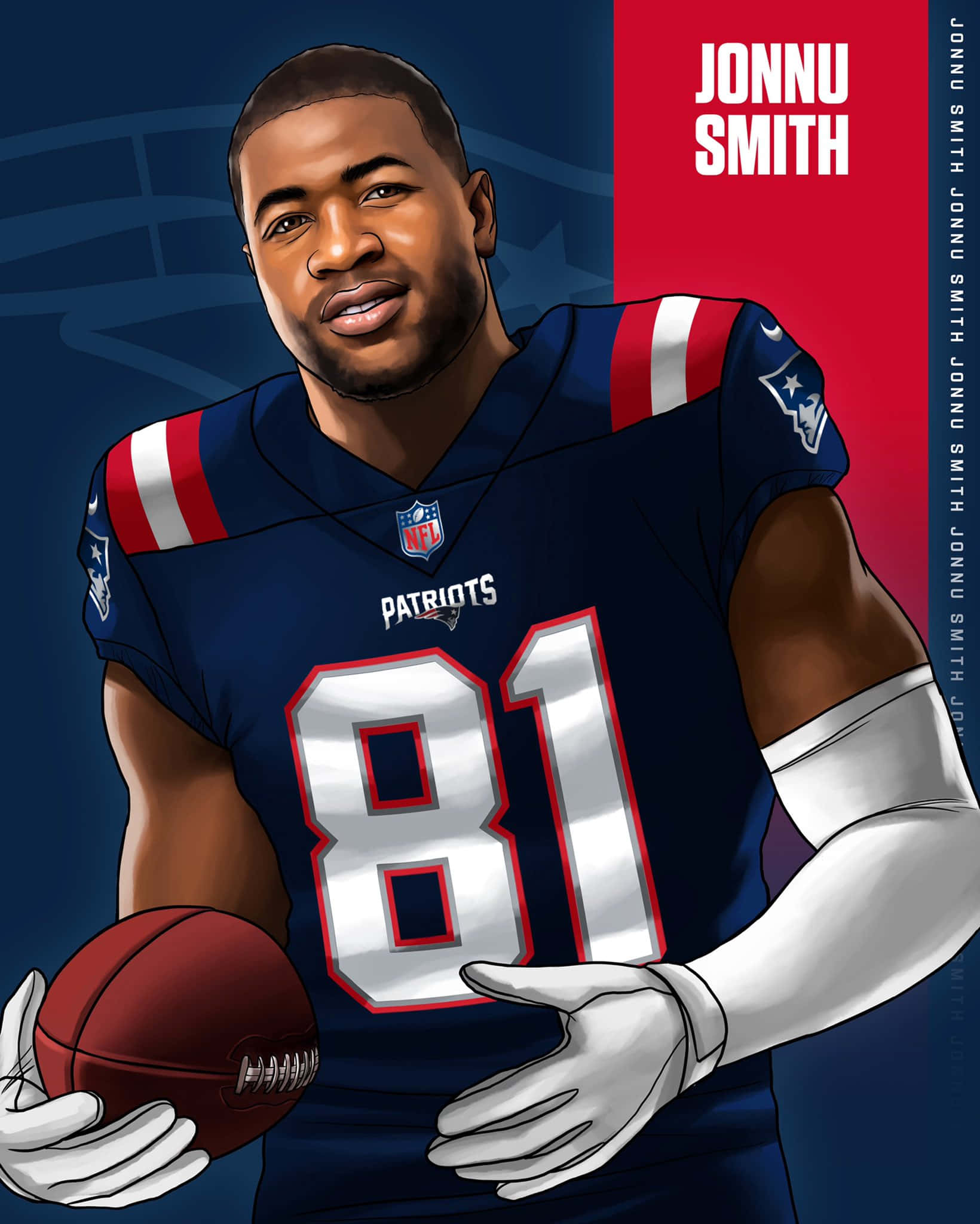 身穿Patriots球衣的美式足球員Jonnu Smith手持足球。