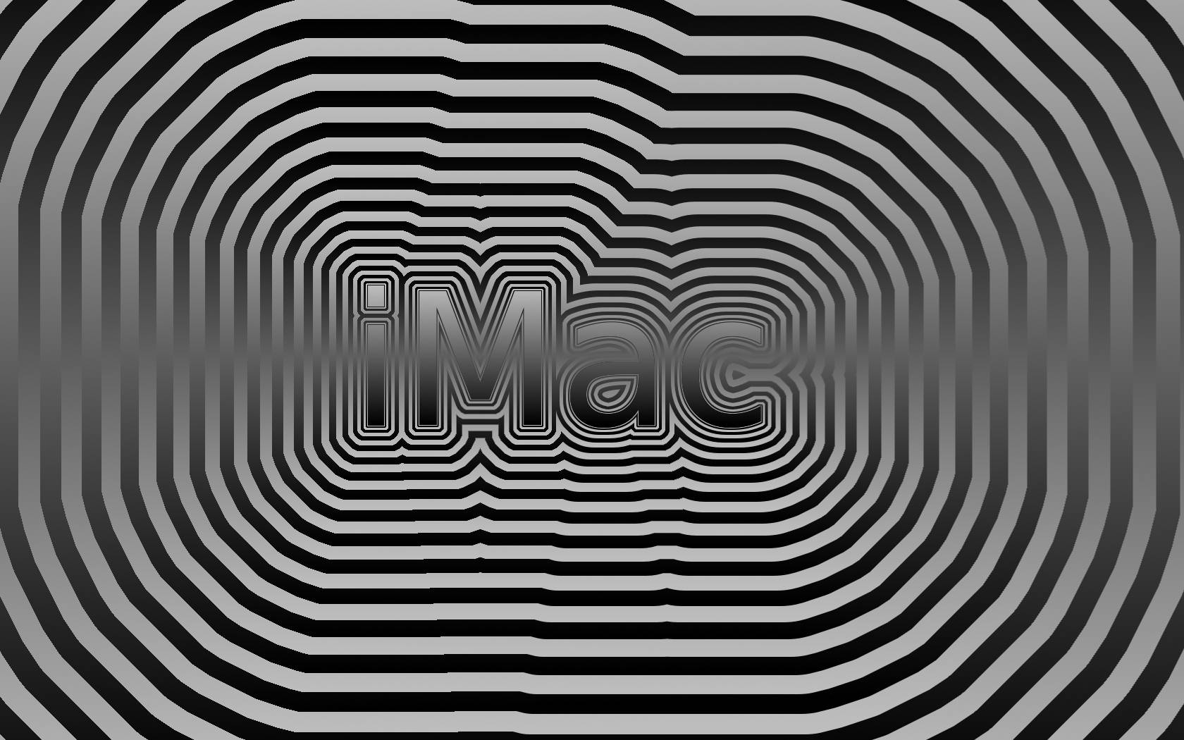 黑白漣漪 iMac 4K 壁紙 — 一個由波浪狀同心線組成的催眠黑白隧道，匯聚到粗體3D字體的iMac一詞上。