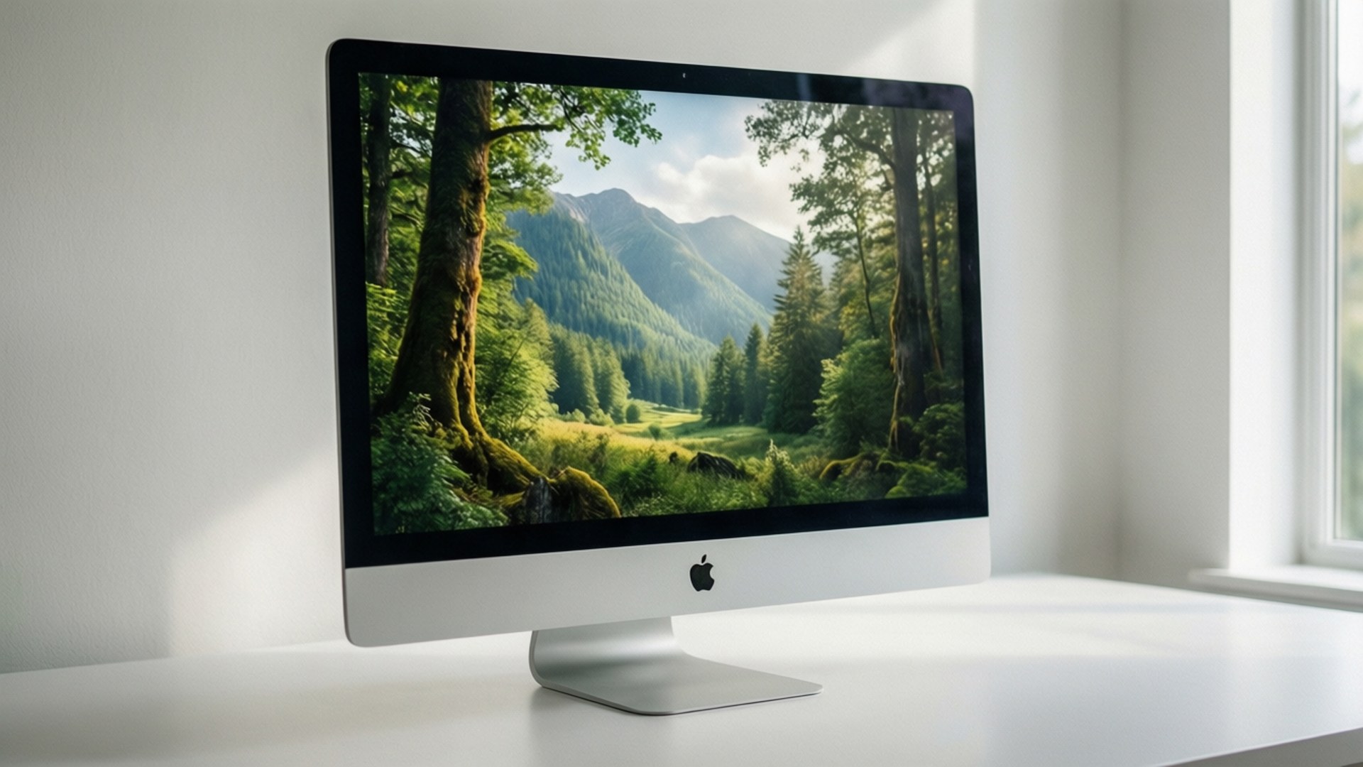 iMac Nature Display 壁紙 — 時尚的銀色 iMac 在明亮的窗戶背景下顯示出充滿活力的森林場景，有長滿苔蘚的樹木和陽光照耀的山脈。