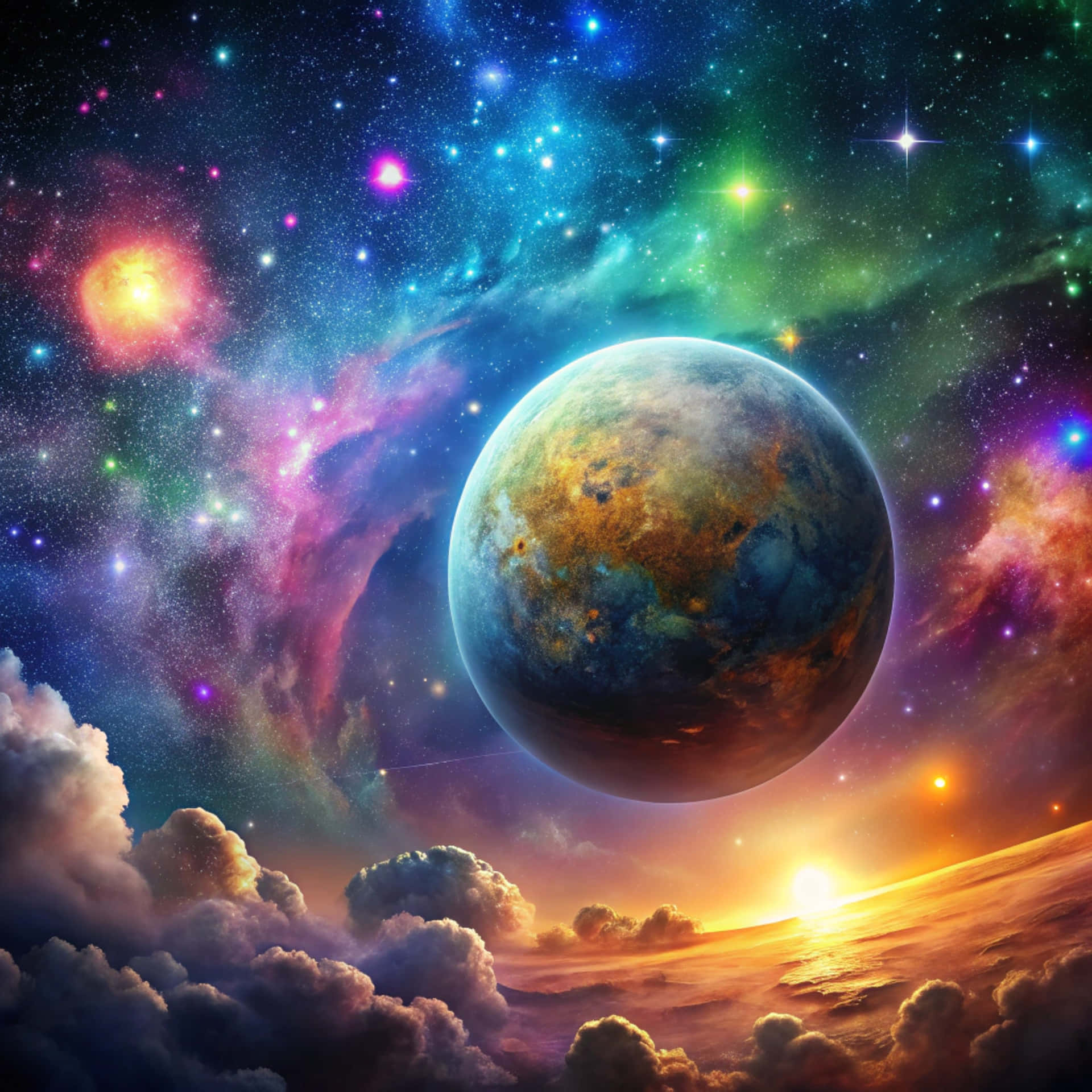 行星在色彩繽紛的星雲和閃爍星星下，漂浮在雲層之上。