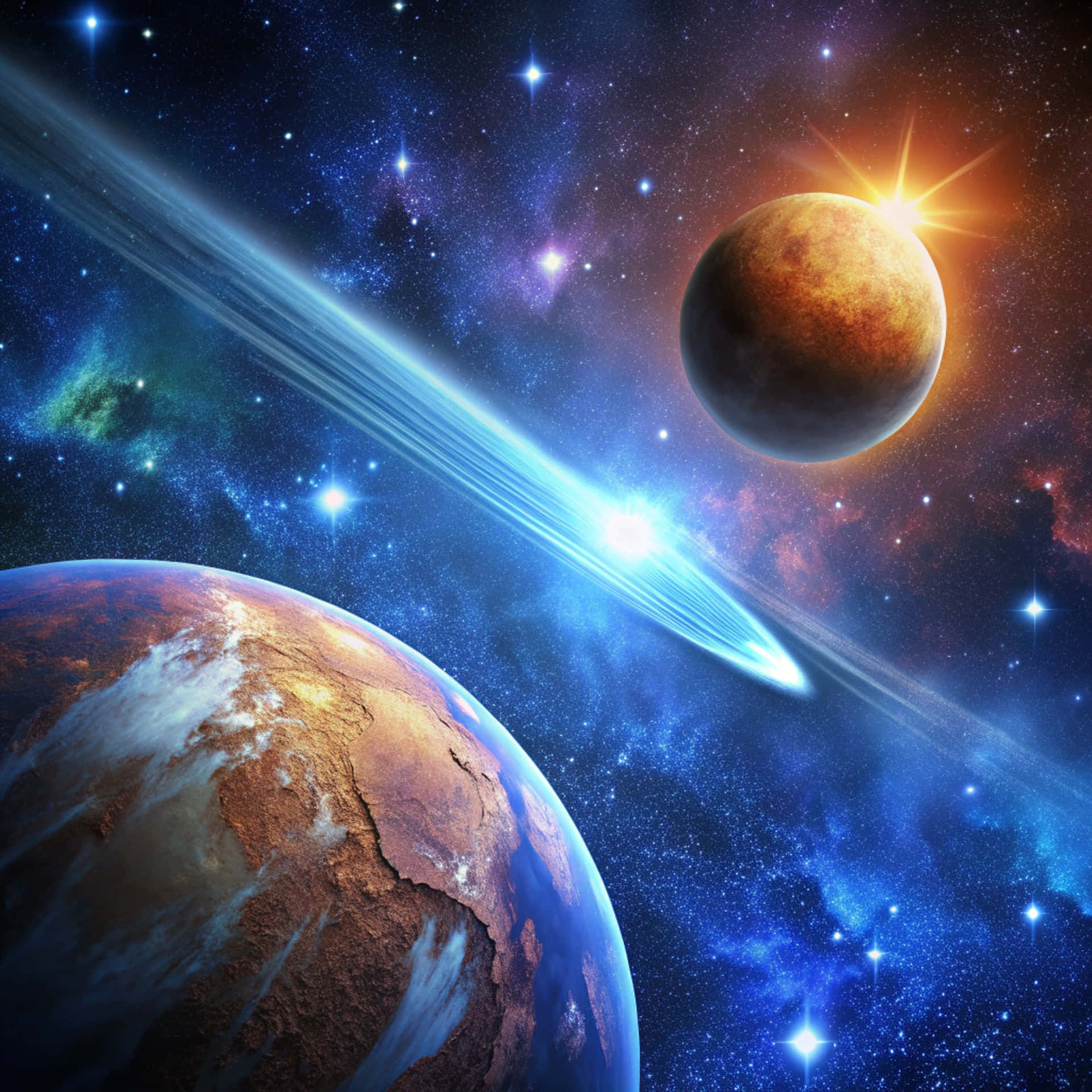 兩顆帶有發光環的行星圍繞一顆明亮的恆星運行，在一個充滿恆星的彩色星雲中