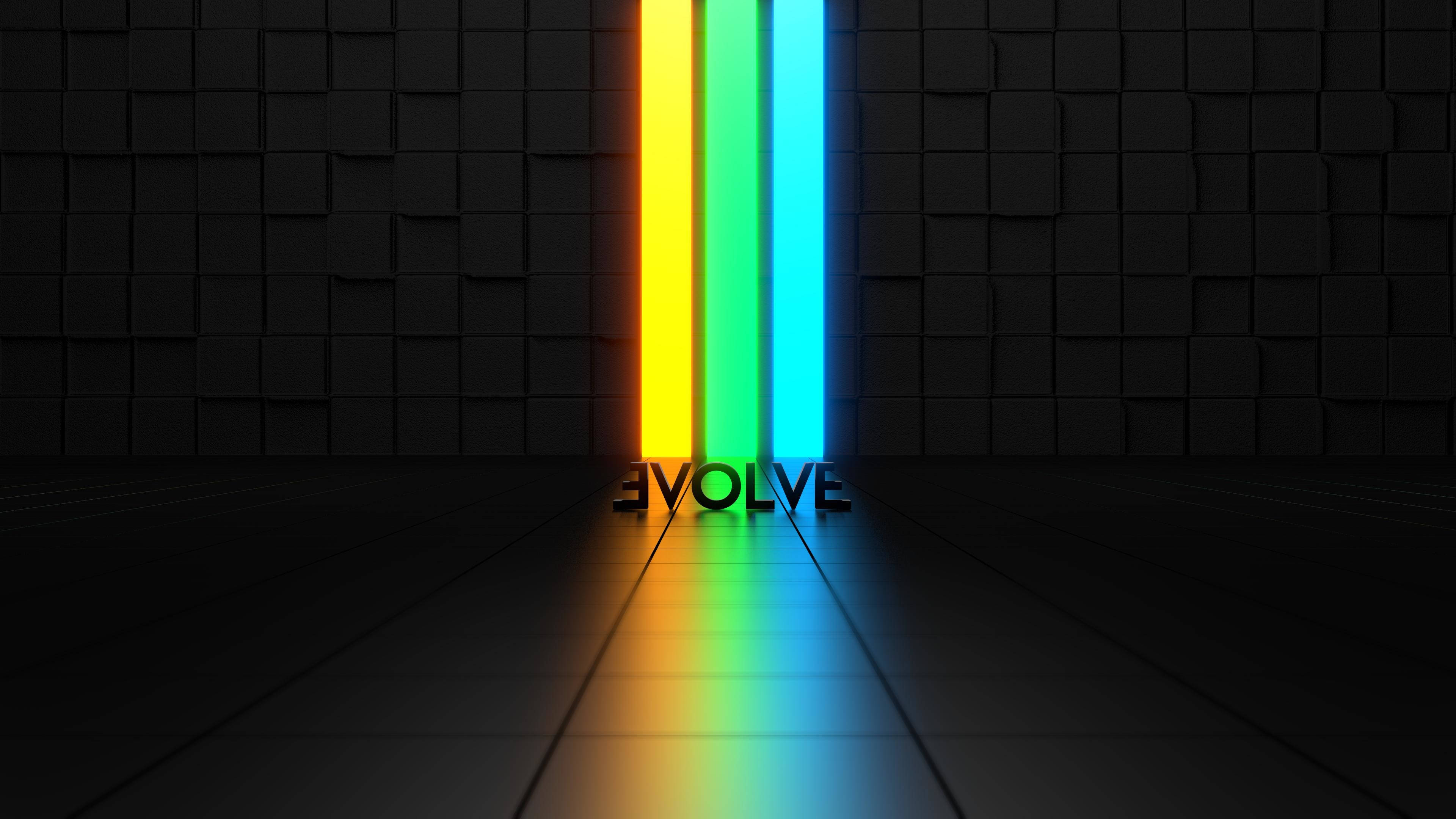 Imagine Dragons《Evolve》極簡風格 壁紙 — 鮮豔的彩虹光束照亮了黑色立方體牆壁前深色瓷磚地板上的「evolve」一詞。