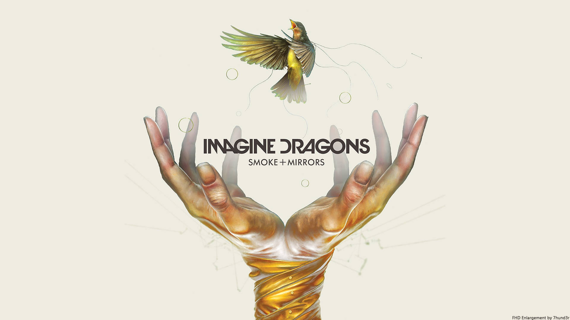 Imagine Dragons《Smoke + Mirrors》專輯封面 壁紙 — 兩隻手捧著一隻金色鳥兒在飛行，背景是柔和的米色，帶有漂浮的氣泡和星座線條。