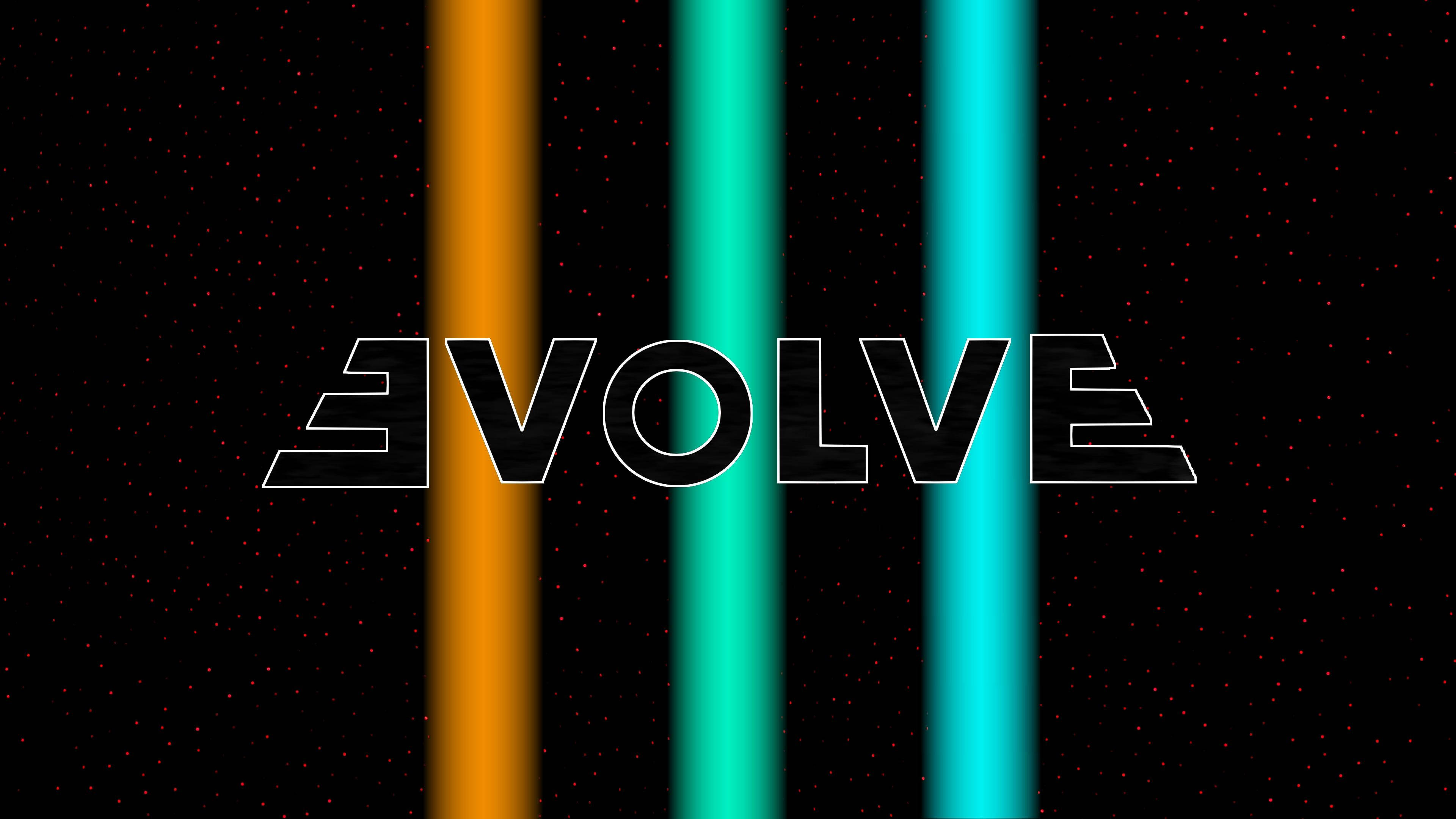 Imagine Dragons《Evolve》專輯封面 壁紙 — 粗體 'EVOLVE' 文字在繁星點點的黑色背景上發光，搭配充滿活力的垂直霓虹條紋。
