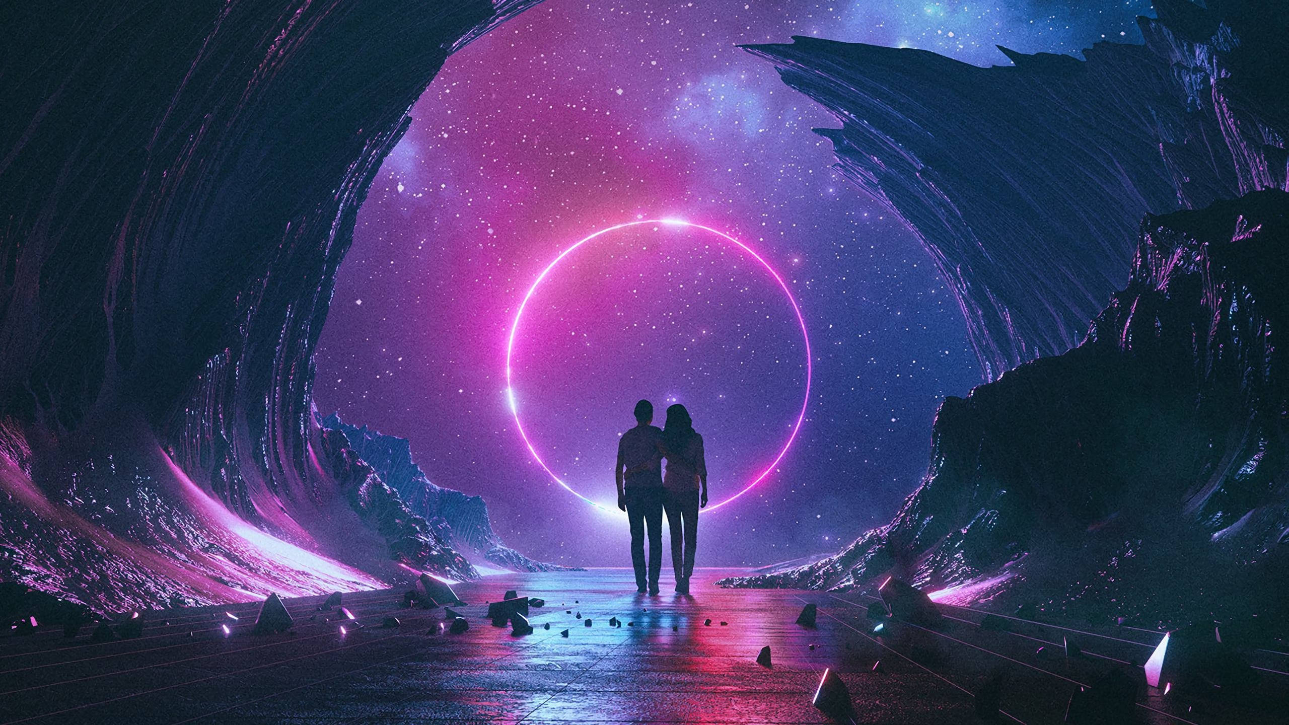 Imagine Dragons《Next To Me》專輯海報 壁紙 — 兩個剪影人物站在一個發光的粉紅色環前，身處宇宙隧道中，上方是佈滿星星的紫色天空。