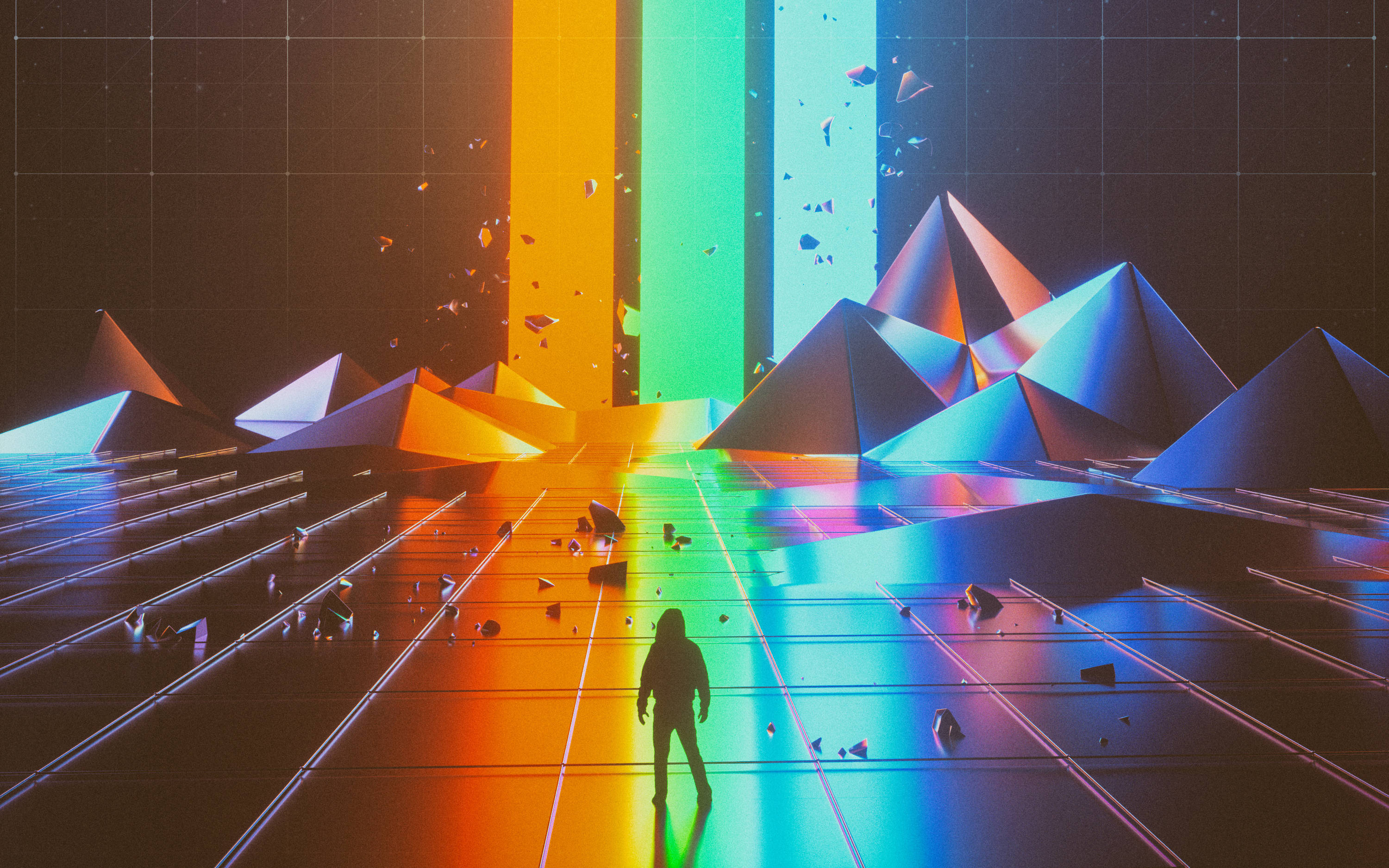 Imagine Dragons《Evolve》數位藝術海報 壁紙 — 一個孤獨的身影走過超現實的數位景觀，在網格天空下，有發光的彩虹柱和幾何金字塔。