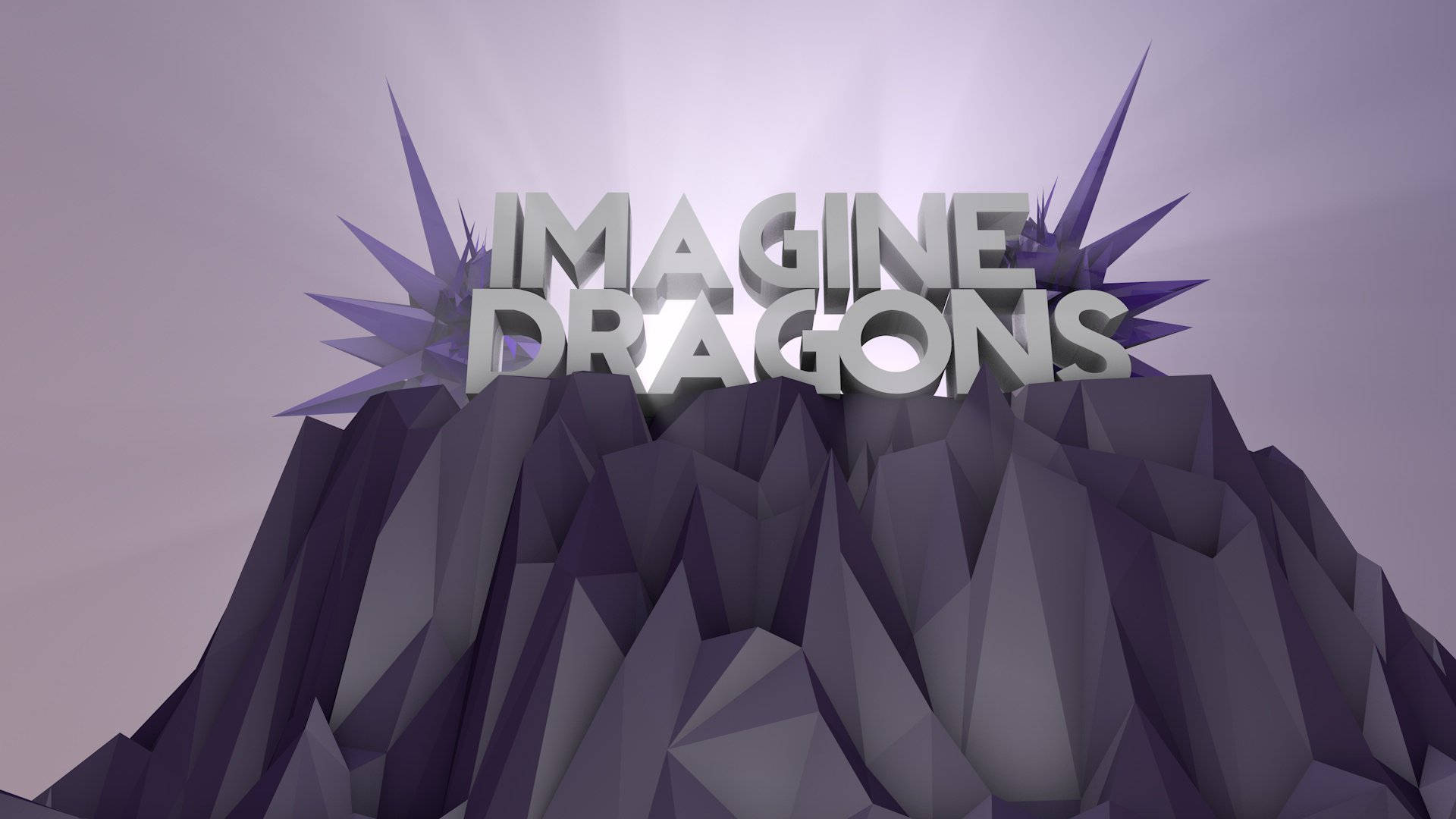 Imagine Dragons樂團名稱藝術設計 壁紙 — 大膽的3D文字imagine dragons從紫色低多邊形山峰中浮現，背景是柔和的薰衣草天空。