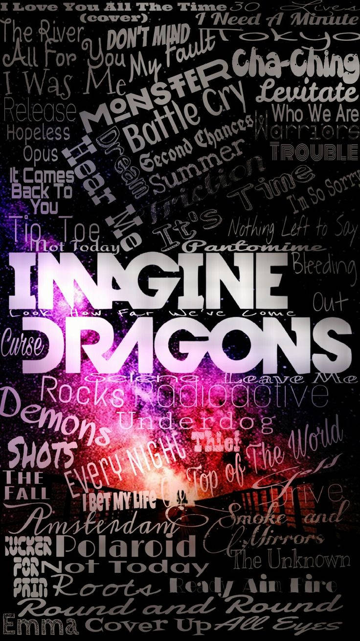 Imagine Dragons歌曲名單壁紙 壁紙 — 一個充滿活力的宇宙背景，充滿了以各種字體和大小重疊的歌曲標題和樂隊名稱。