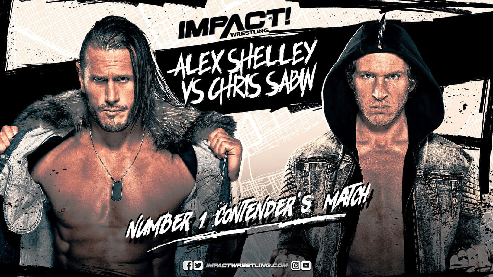 亞歷克斯·雪利對決克里斯·薩賓於Impact摔角 壁紙 — 兩位激烈的摔角手 Alex Shelley 和 Chris Sabin 在 gritty 的 Impact Wrestling 宣傳海報中互相凝視。