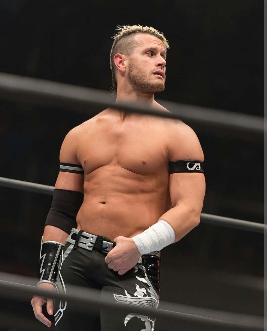 亞歷克斯·雪利在Impact Wrestling遊戲中擺姿勢 壁紙 — 一位肌肉發達的金髮男摔角手穿著黑白裝備站在擂台上，表情專注。