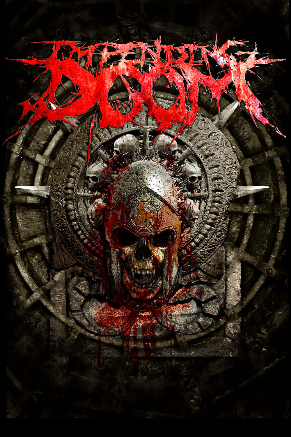 Impending Doom樂團即將到來的死亡專輯封面 壁紙 — 一個戴著頭盔、沾滿鮮血的頭骨位於圓形金屬框架中央，上方有較小的頭骨和紅色飛濺文字。