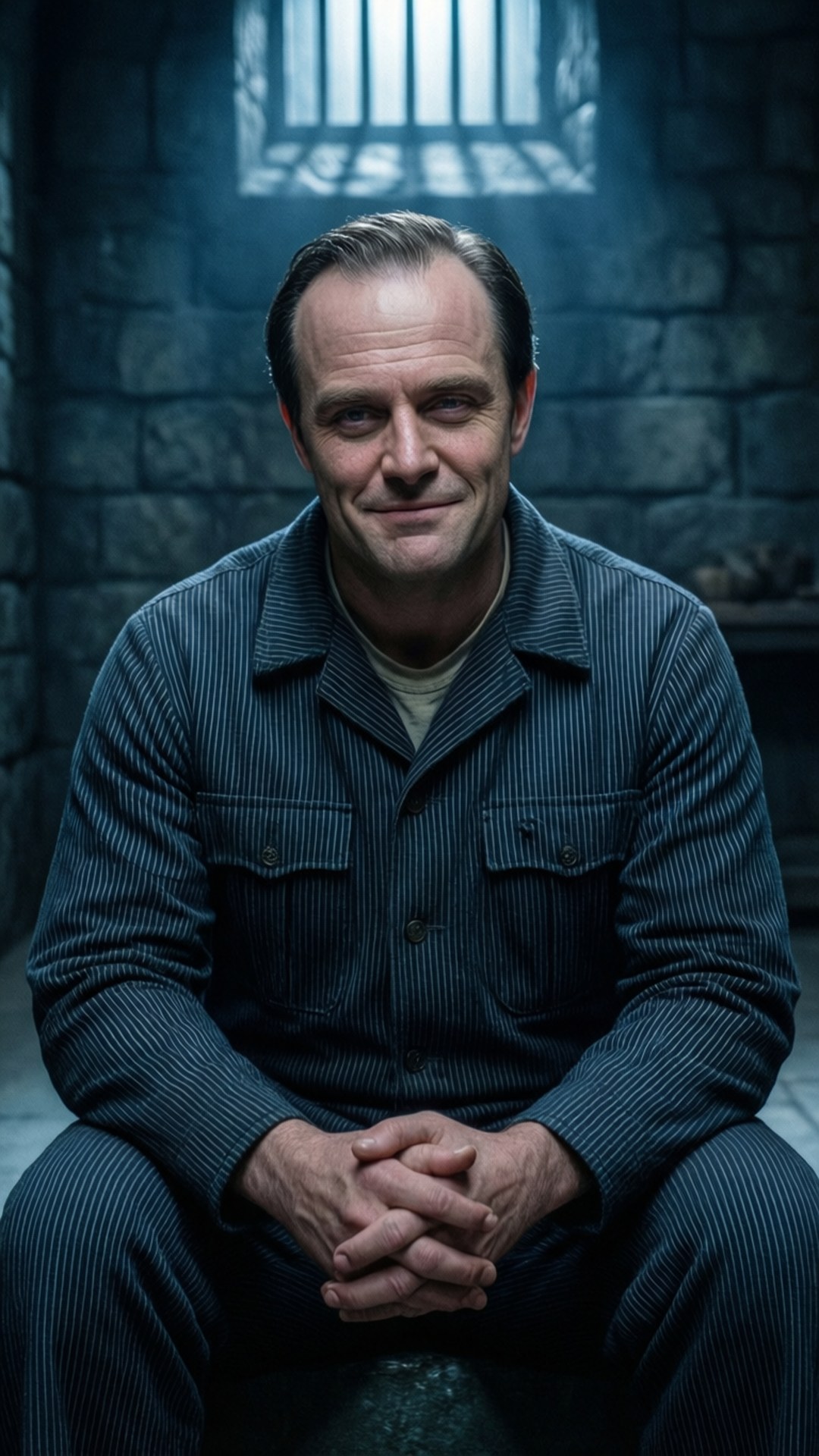 身穿條紋監獄服的男子坐在石牢中，有鐵窗光線