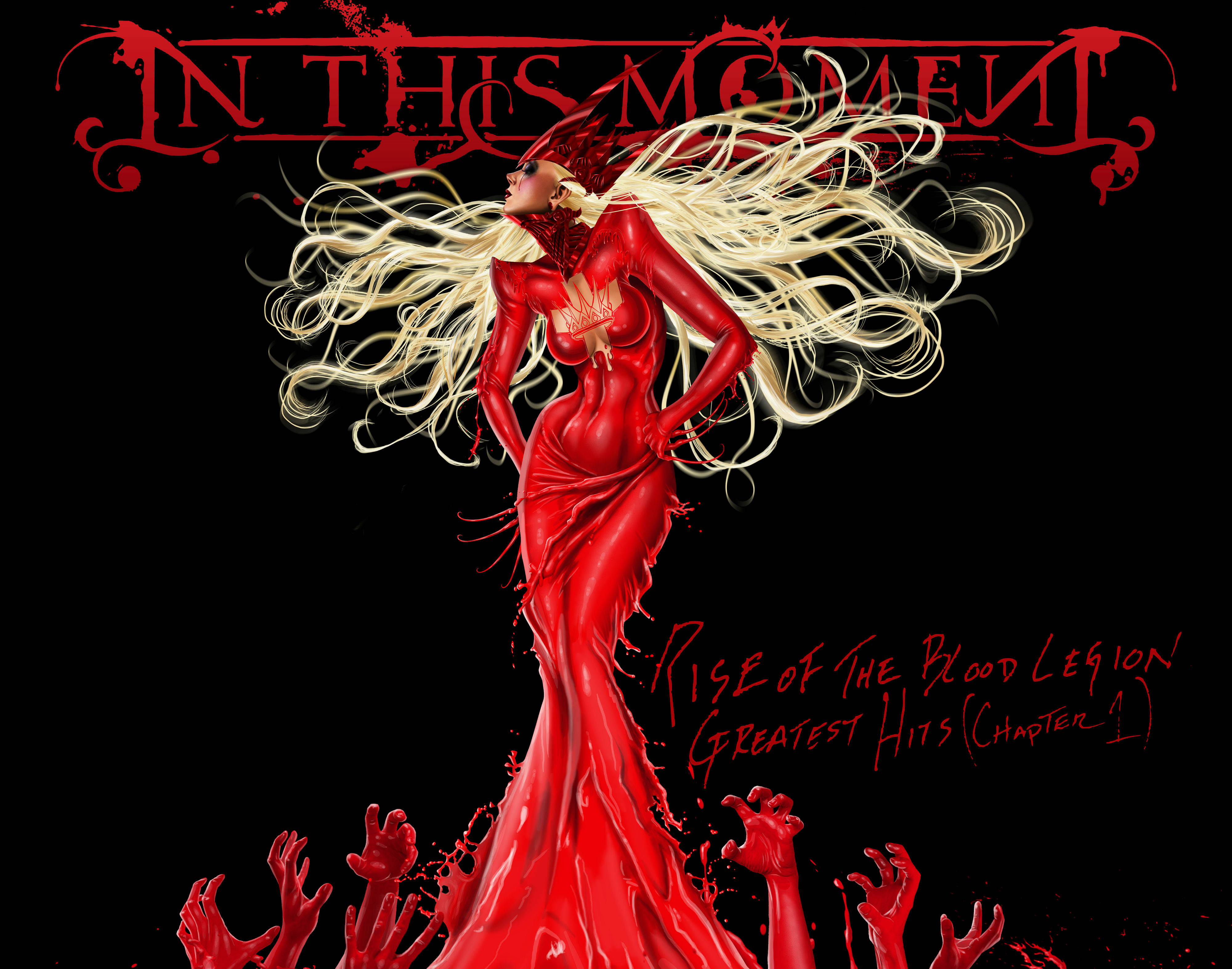In This Moment《Blood Legion》情感演出 壁紙 — 一個引人注目的紅色液體人物，擁有飄逸的金色頭髮，從緊握的手中升起，背景為黑色，帶有粗體紅色文字。