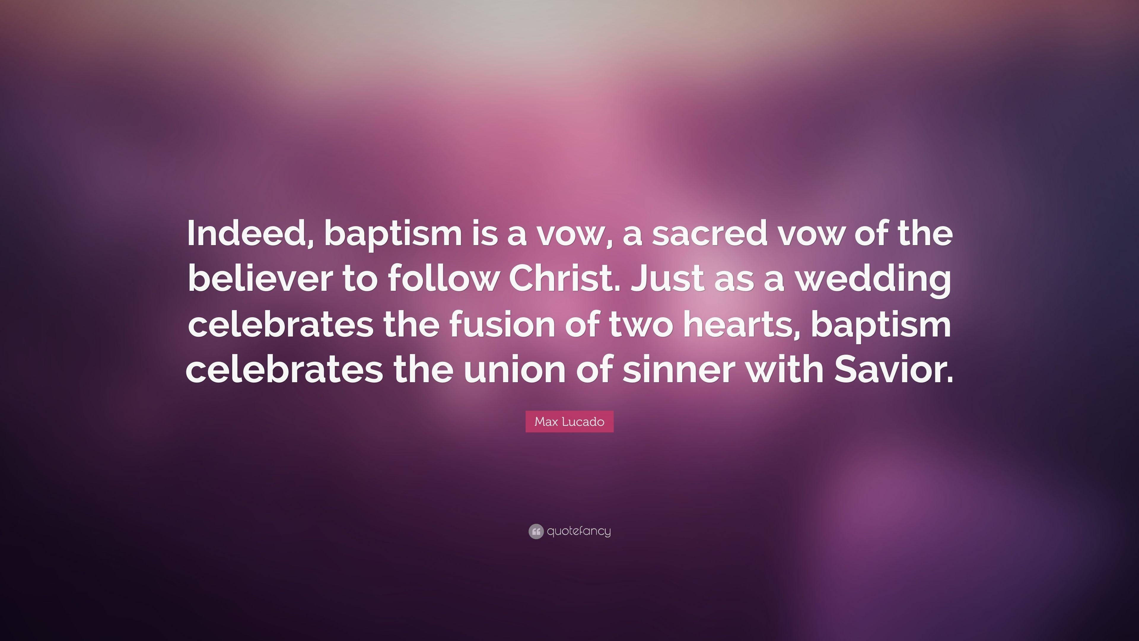 「Indeed Baptism Is A Vow」宗教金句 壁紙 — 柔和紫色漸變背景上的白色文字，展示 Max Lucado 關於洗禮和屬靈聯合的引言。