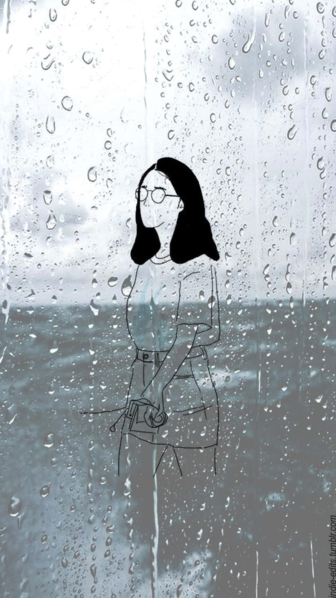 戴眼鏡的女子透過濺滿雨水的窗戶望向灰色的大海。