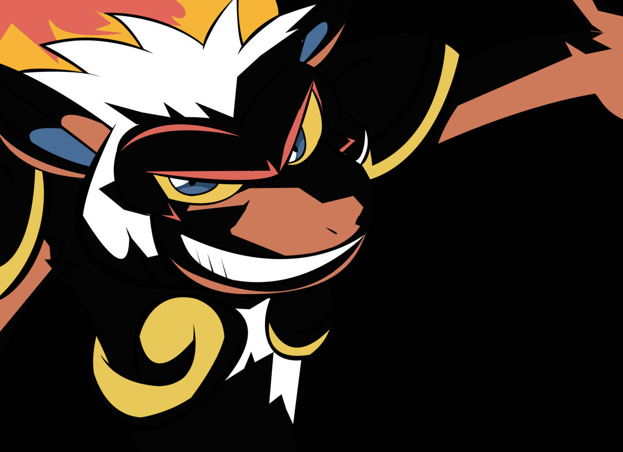 Infernape 黑底 壁紙 — 一個風格化的動漫角色，擁有白色尖刺頭髮和黃色眼睛，在黑色背景上兇猛微笑。
