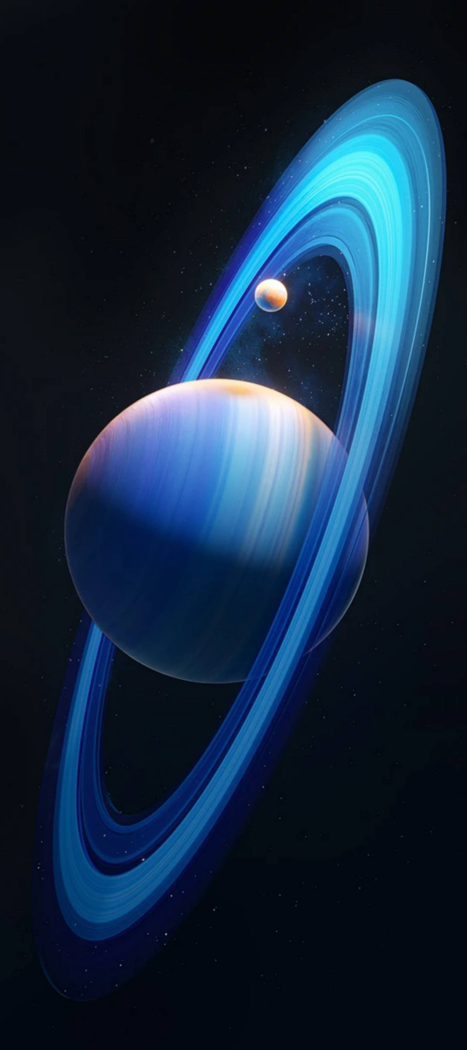 深空中一顆帶有發光光環和小衛星的藍色行星。 — 土星 壁紙