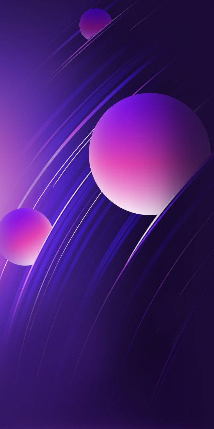 在紫色宇宙抽象數位背景中漂浮的發光球體。