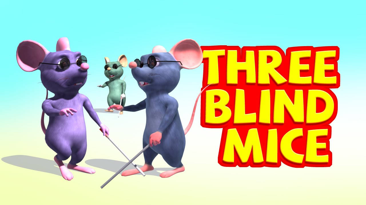 三隻戴著太陽眼鏡和手杖的卡通老鼠在「Three Blind Mice」文字旁邊。