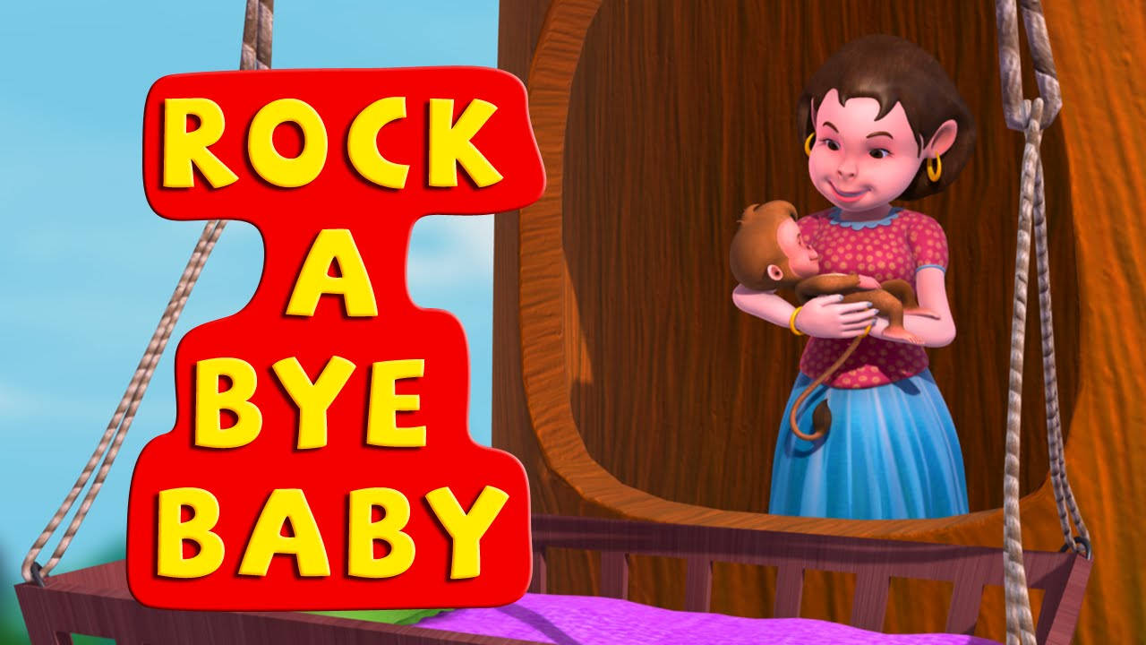 卡通女性在樹屋鞦韆上抱著小猴子，標語牌寫著「Rock a Bye Baby」。