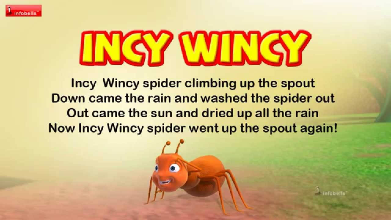 一隻微笑的卡通螞蟻，在標題 Incy Wincy 下附有童謠文字。