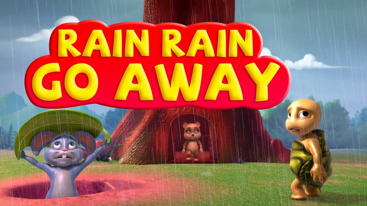 卡通動物在雨中，有樹屋和 'Rain Rain Go Away' 標誌。