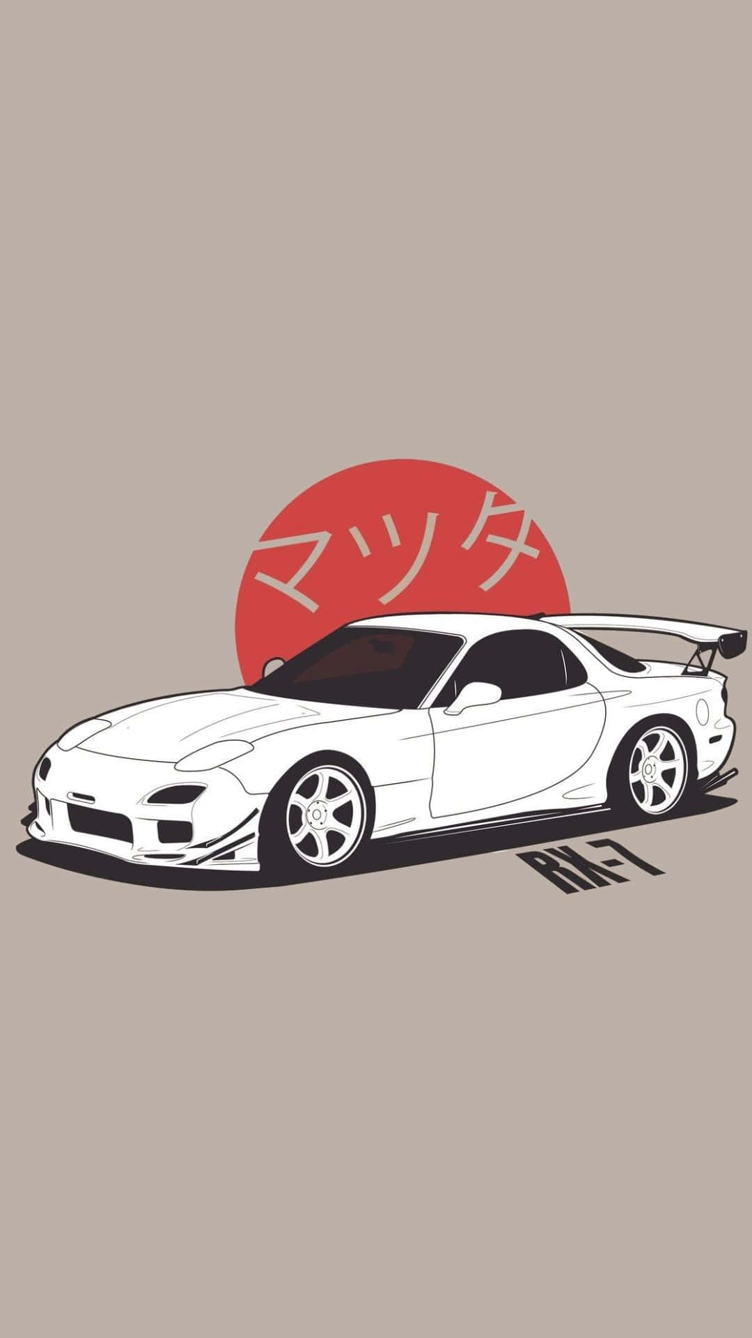 白色萬事得RX-7跑車，背後有紅色太陽和日文字。