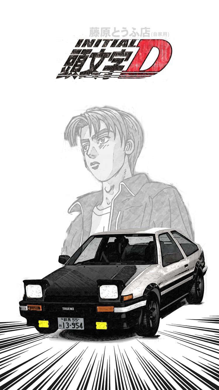 動畫青少年站在一輛帶有運動線條的疾馳AE86漂移車後面。