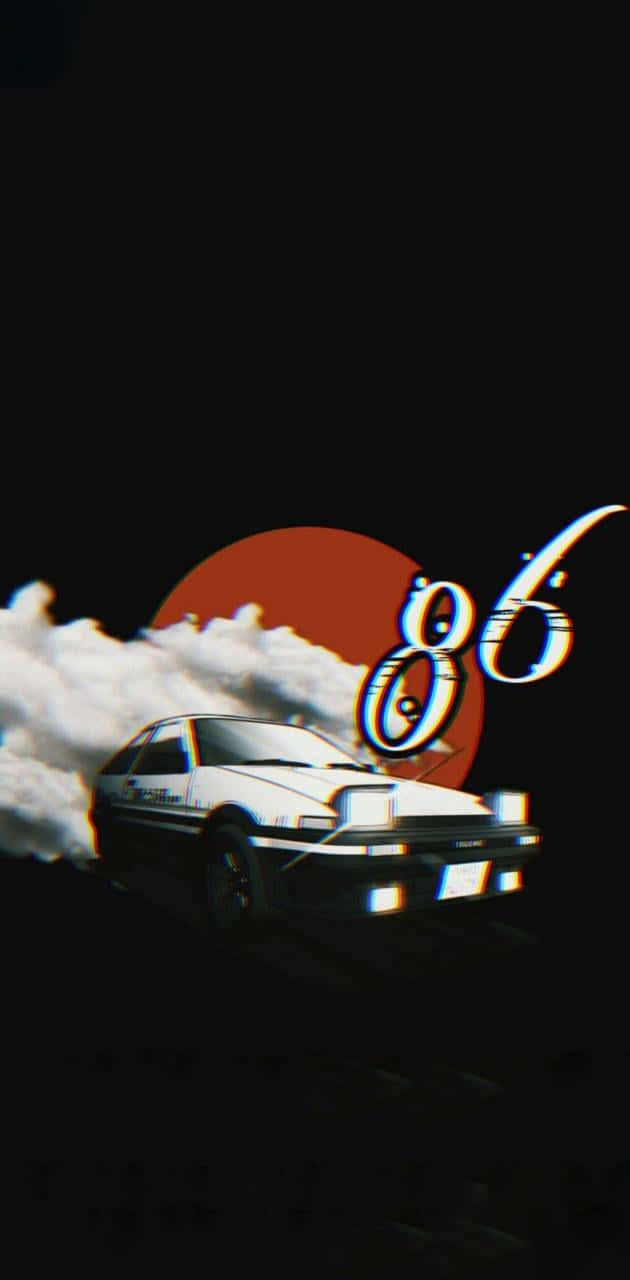 白色AE86飄移車，在黑暗天空和紅太陽背景下帶有煙霧和'86'文字。