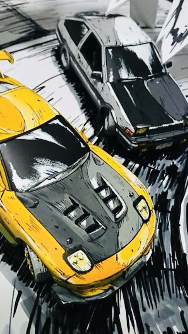 Initial D 手機黃黑雙車 壁紙 — 兩輛高速跑車在動態動漫風格插圖中飄移，帶有粗獷的黑色筆觸和鮮豔的黃色點綴。