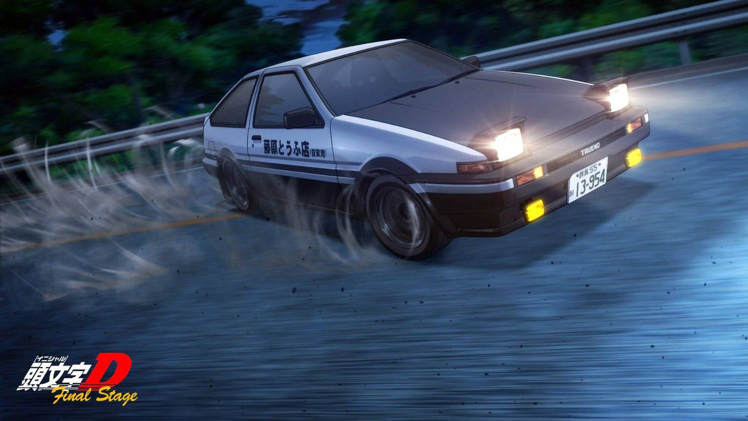 銀色AE86在潮濕道路上漂移，伴隨著煙霧和明亮的車頭燈。