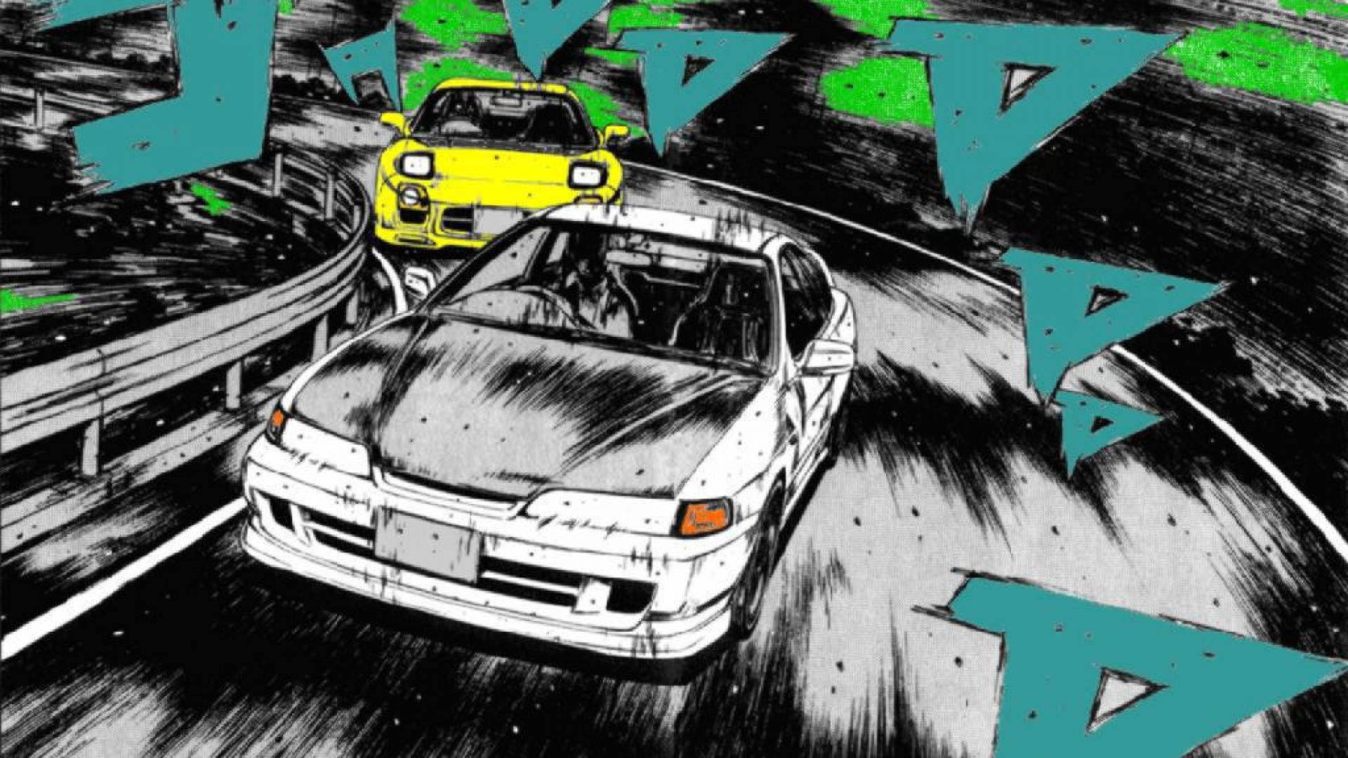 兩輛動漫風格的賽車在彎曲的道路上行駛，帶有表示速度的風格化箭頭。