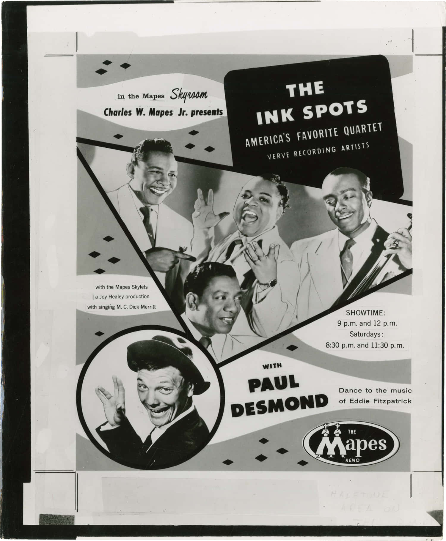 The Ink Spots和Paul Desmond在Mapes Skyroom的復古爵士音樂海報。
