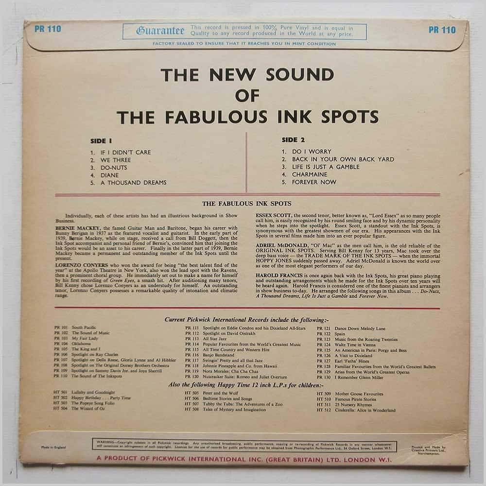 The Fabulous Ink Spots 嘅復古唱片封套，附有歌曲列表同藝人簡介。