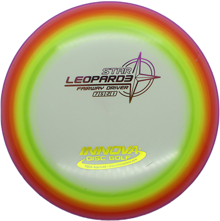 Innova Leopard3 高爾夫飛盤球拍 壁紙 — 色彩鮮豔的彩虹色 Innova Star Leopard3 飛盤高爾夫驅動器，帶有粗體文字和星星標誌，背景為純黑色。