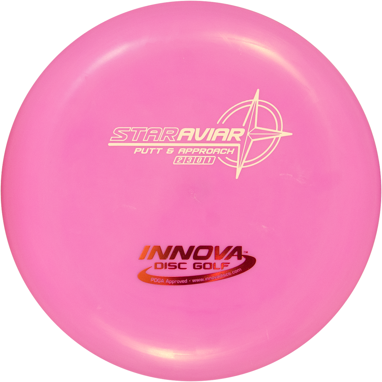 粉紅色Innova Star Aviar高爾夫飛盤推杆 壁紙 — 一個鮮粉紅色的Innova Star Aviar飛盤高爾夫飛盤，帶有白色和紅色的品牌標誌，背景為黑色。