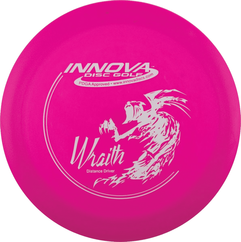 粉紅色Innova Wraith高爾夫飛盤駕駛器 壁紙 — 一個充滿活力的粉紅色 Innova Disc Golf Wraith 距離驅動器，帶有白色龍圖案和文字。