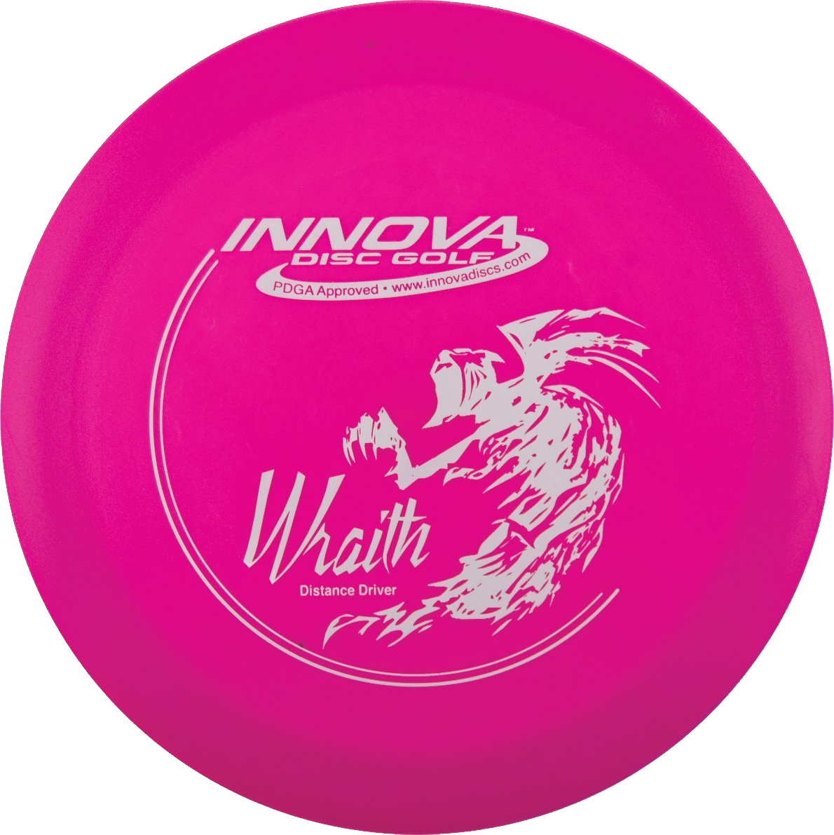粉紅色Innova Wraith 飛盤高爾夫距離型飛盤 壁紙 — 一個充滿活力的粉紅色 Innova Disc Golf Wraith 距離型飛盤，帶有白色龍圖案和文字。