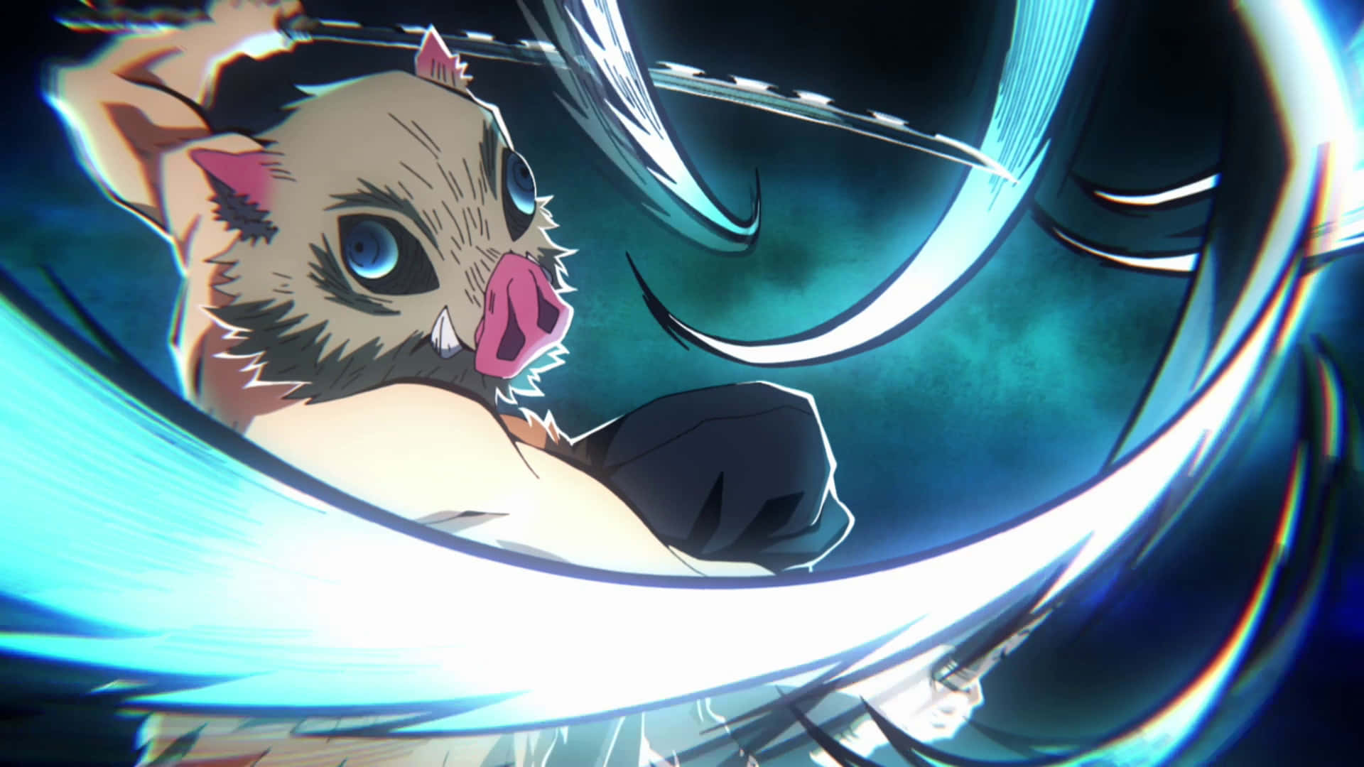 Inosuke 第十獠牙 PFP 壁紙 — 一隻擁有藍色眼睛和粉紅色鼻子的兇猛野豬惡魔，被旋轉的藍色能量刀片包圍在一個動態的動漫戰鬥場景中。