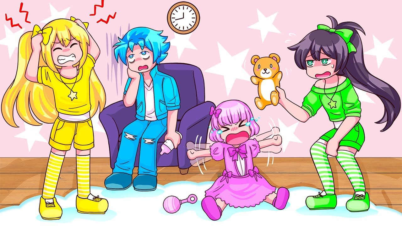 四個動畫小孩在一個有星星和時鐘的房間裡戲劇性地哭泣。