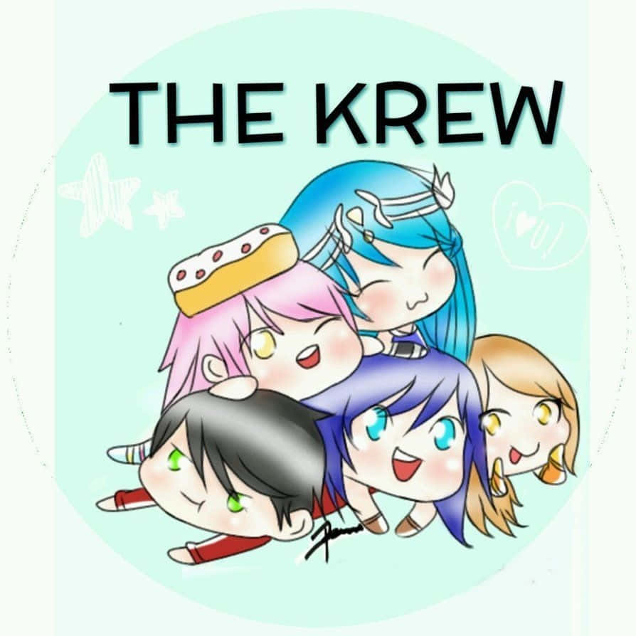 五個歡樂的Q版動漫角色與「THE KREW」文字擠在一起。