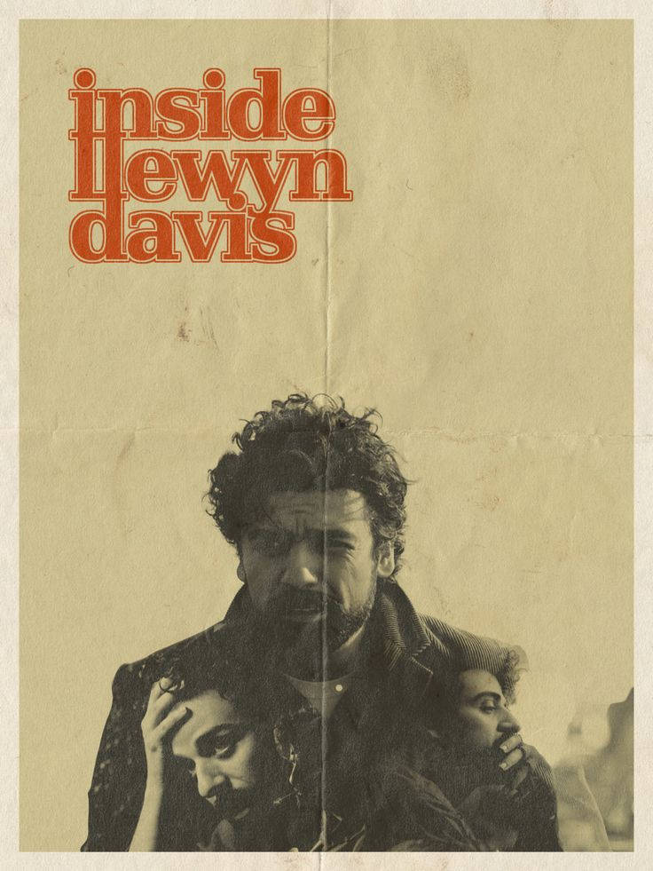 《Inside Llewyn Davis》復古電影海報 壁紙 — 復古海報，橙色文字寫著「inside hewyn davis」，上方有一個男人抱著兩個孩子，背景是帶紋理的米色。